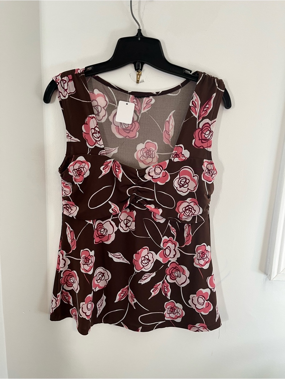 Women's Y2K Brown Floral Sleeveless Scoop Neck Top - Size Large